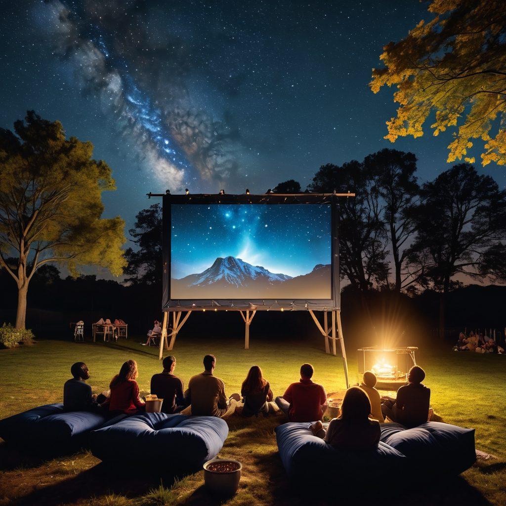 A cinematic landscape featuring a large projector screen displaying an epic film scene, surrounded by a diverse group of people enjoying a movie night under the stars. Include film reels, popcorn buckets, and streaming icons subtly integrated into the design. The sky should be dark with twinkling stars and a glow from the screen. Capture the excitement of discovery and community with vibrant colors. 3D. vibrant colors. starry night.