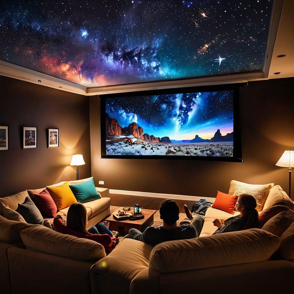A cozy home theater scene with a large screen displaying a vibrant movie scene, surrounded by plush seating and popcorn bowls, warm ambient lighting, and a family enjoying the show together. Include elements like a projector, colorful posters on the walls, and a window showing a starry night outside. super-realistic. vibrant colors. warm tones.