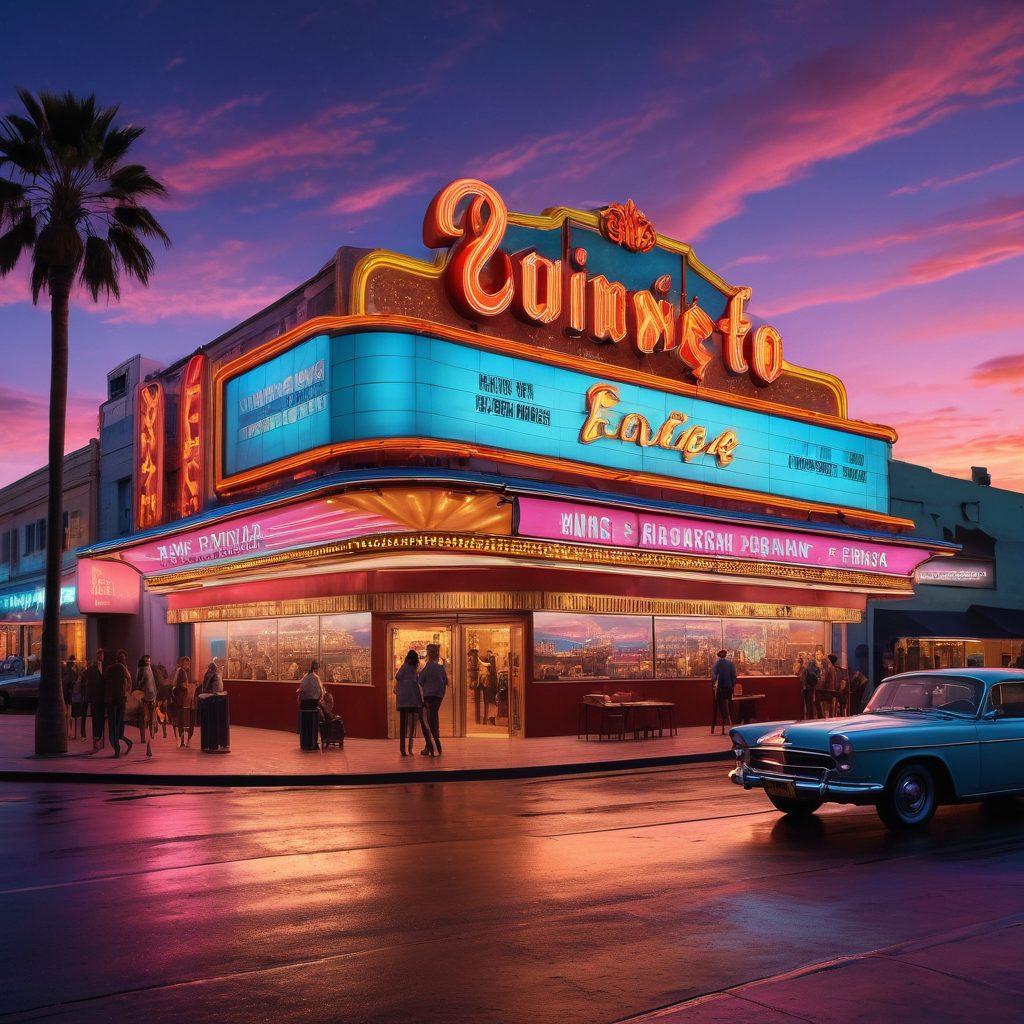 A captivating digital landscape showcasing a large vintage cinema marquee illuminated by colorful neon lights, with film reels spinning in the foreground. Include a diverse group of people joyfully streaming films on various devices like laptops and smartphones. Incorporate elements of classic film posters in the background, blending nostalgia with modern technology. Cinematic atmosphere with a twilight sky and digital motifs. vibrant colors. super-realistic.